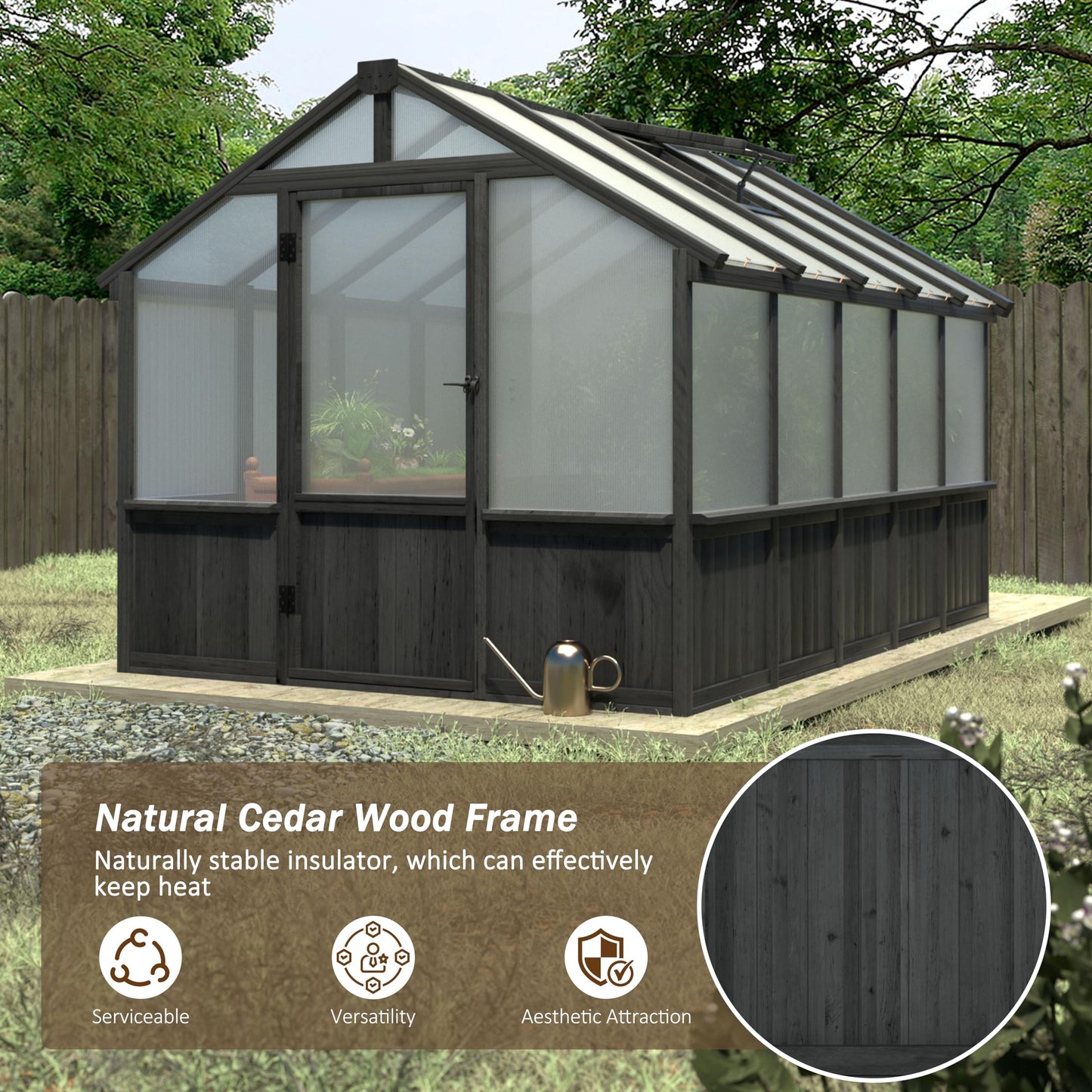 Yardenaler 8x10 FT Greenhouse Kit with 6MM Thick Polycarbonate Panel for Outdoor, Wooden Walk-in Green House with Adjustable Roof Vent and Lockable Door, Backyard, Garden, Black