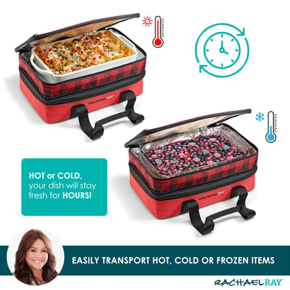 Rachael Ray Expandable Insulated Casserole Carrier for Hot or Cold Food, Thermal Lasagna Lugger Tote for Potluck, Parties, Picnic, and Cookouts, Fits 9" x 13" Baking Dish, Red Buffalo Check
