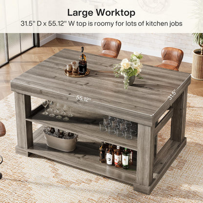 Tribesigns 55" Kitchen Island with Seating and Storage, 3-Tier Farmhouse Wood Stationary Island Table with Large Worktop & Leg Room, Coffee Bar Table with Storage Shelves for Kitchen, Grey