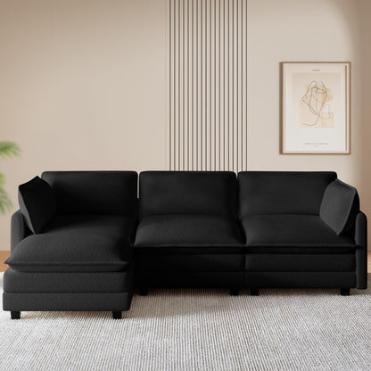 ROWHY 112'' Modular Sectional Cloud Couch with Movable Ottoman, 4 Seat Modern Chenille Sofa with 2 Throw Pillows, Deep Seat L Shaped Couch for Living Room Bedroom Apartment, Black