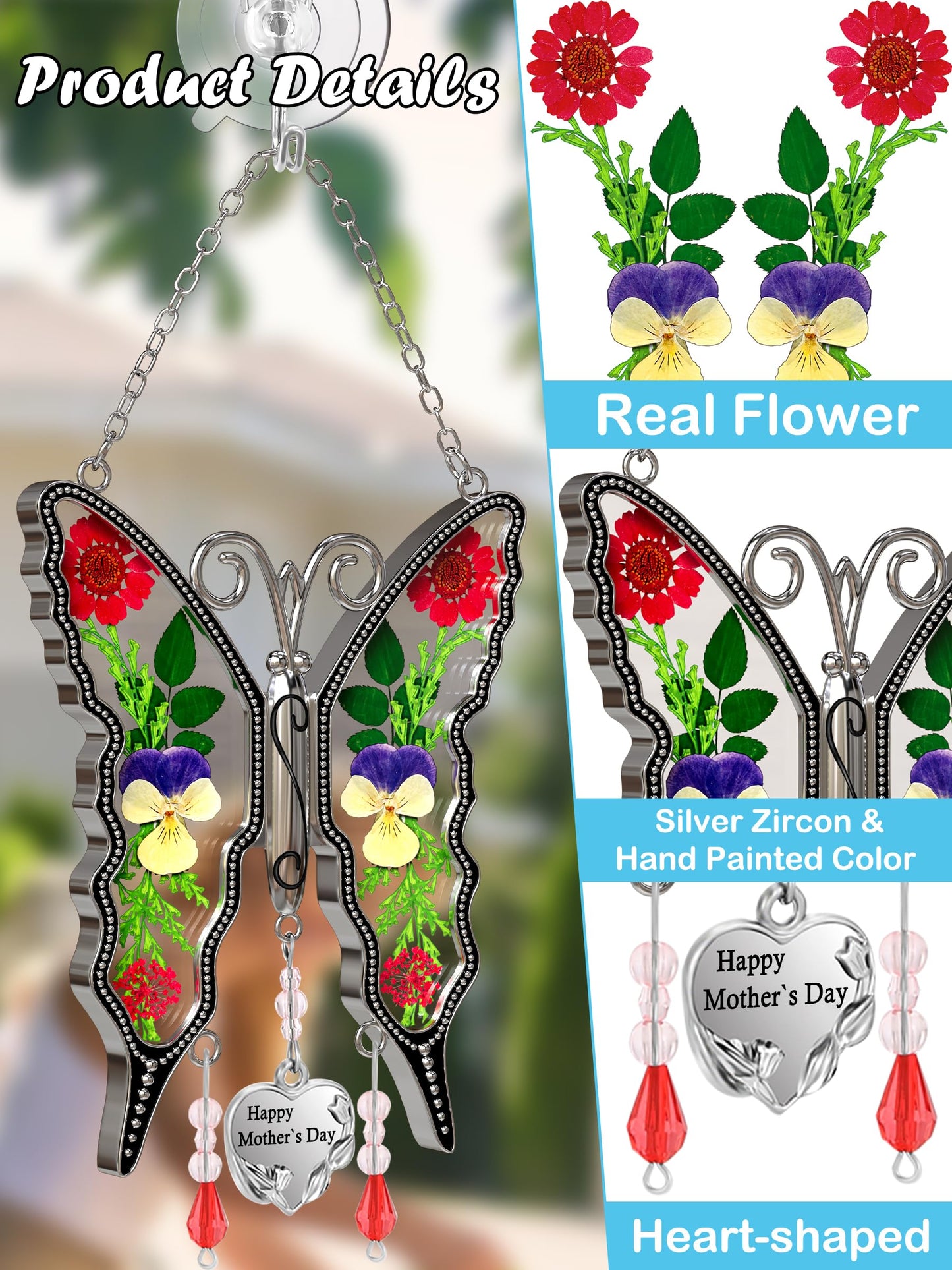 KY&BOSAM Gifts for Women Happy Mother`s Day Butterfly Suncatcher Stained Glass Suncatcher for Window Hanging Home Decor Wind Chime with Pressed Real Flower Garden Decor Gifts for Mom Mothers Day
