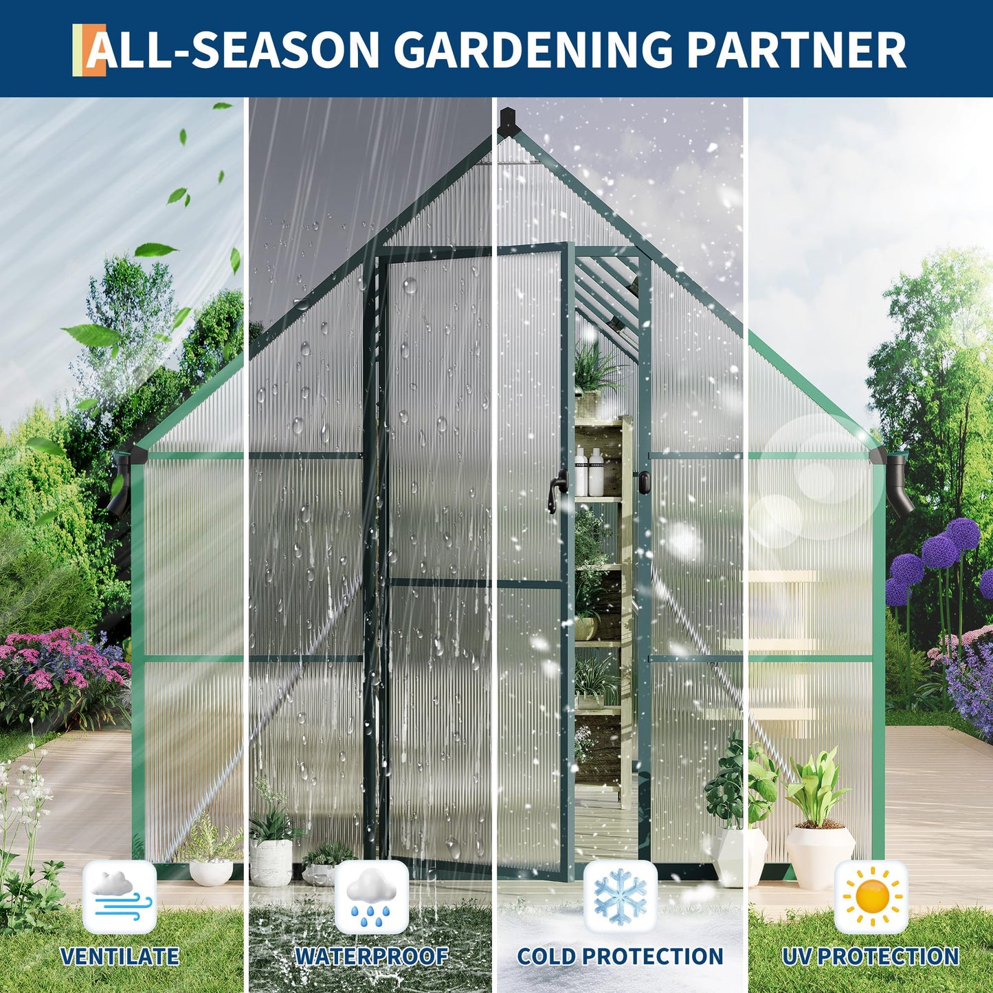 Polycarbonate Greenhouse for Outdoors, Large Walk-InGreenhouse with Quick Setup Structure and Roof Vent, Greenhouse with Ventilation