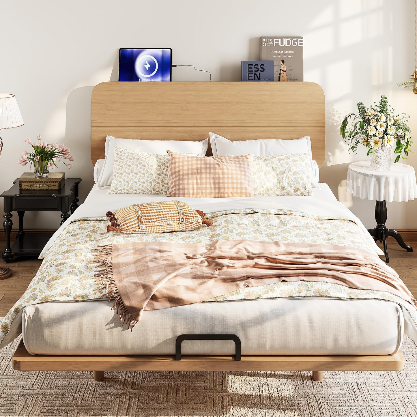 Bellemave Queen Size Bamboo Bed Frame with Headboard,Bamboo Floating Platform Bed Frame Queen Size with Charging Station and Wood Slats,Easy Assembly,Natural