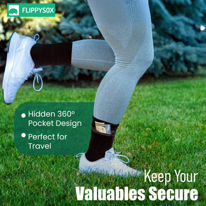 Flippysox Zipper Sock Wallet - Cotton & Polyester Zipper Socks with Pockets - Fits shoe size 6-13 (Black)
