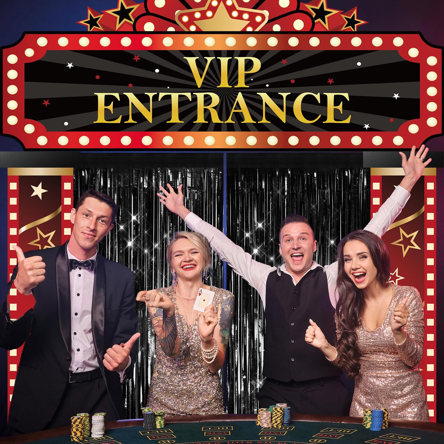 5 Pcs Casino Movie Night Porch Sign Banner with Black Foil Fringe Backdrop Casino Theme Party Decorations VIP Door Entrance Banner Red Carpet Party Decor Movie Theme Theater Birthday Party Supplies