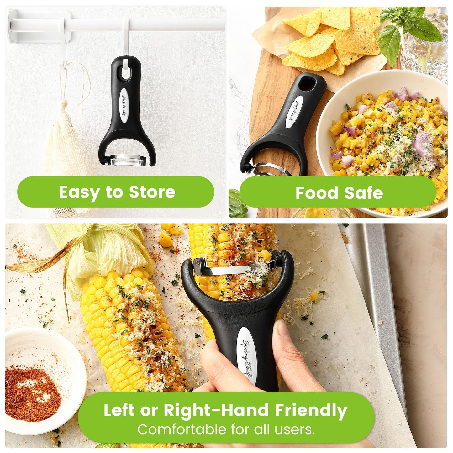 Spring Chef Stainless Steel Corn Peeler – Corn on the Cob Stripper Tool – Durable & Efficient Kernel Remover Tool – Easy to Use Kernel Cutter - Dishwasher Safe Kitchen Gadget - Set of 2 - Black