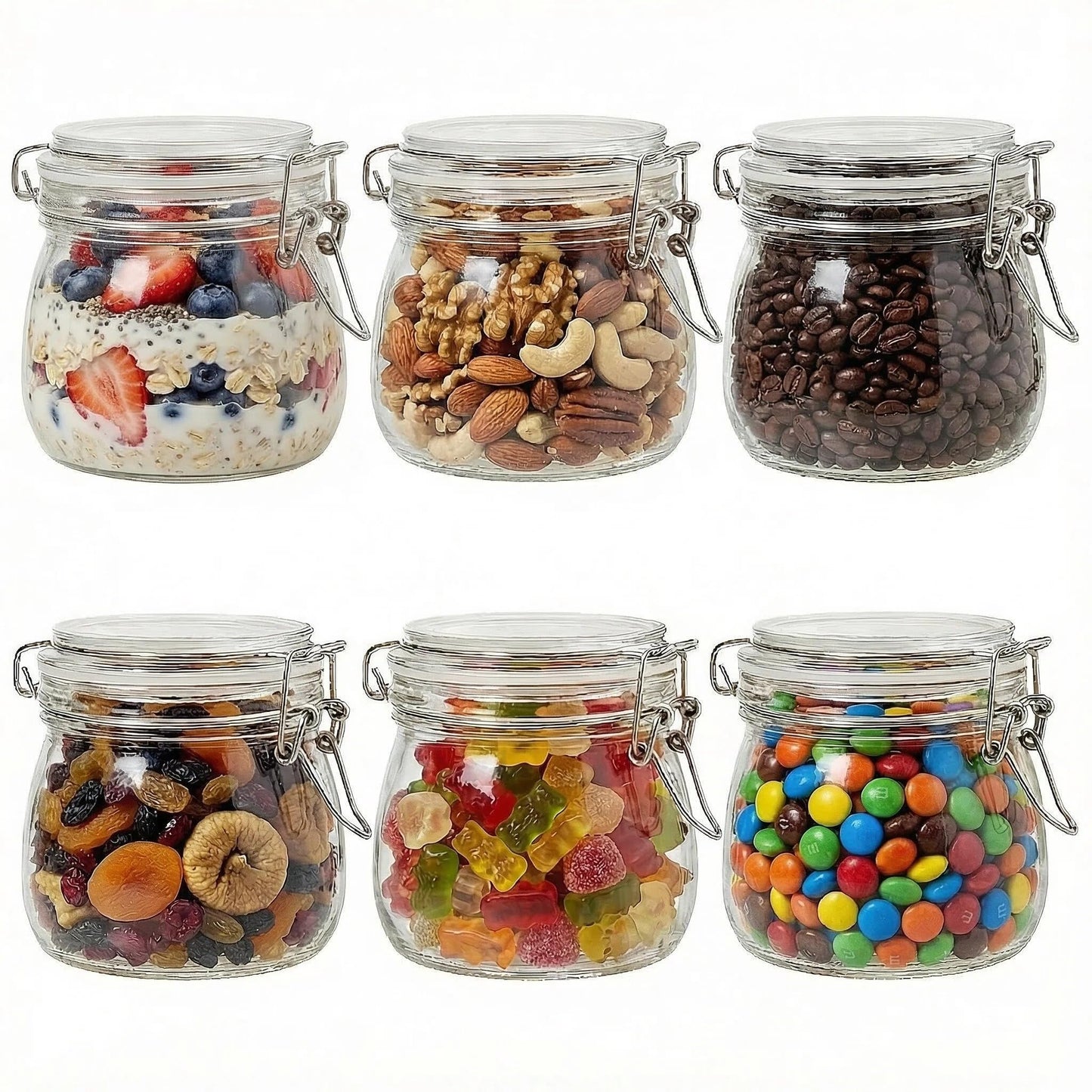 17oz Airtight Glass Jars, 6 Pack Clamp Lid Canisters, Small Food Storage Containers for Spices, Nuts, Snacks, Canning Jar for Jams & Pickling, Pantry Organization
