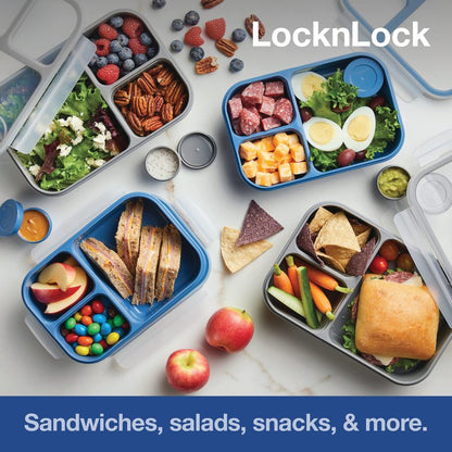 LocknLock LOCK & LOCK On the Go Meals Three Compartment Divided Lunch Box Container with Sauce Cup for School or Work, 50.7-Ounce, Gray