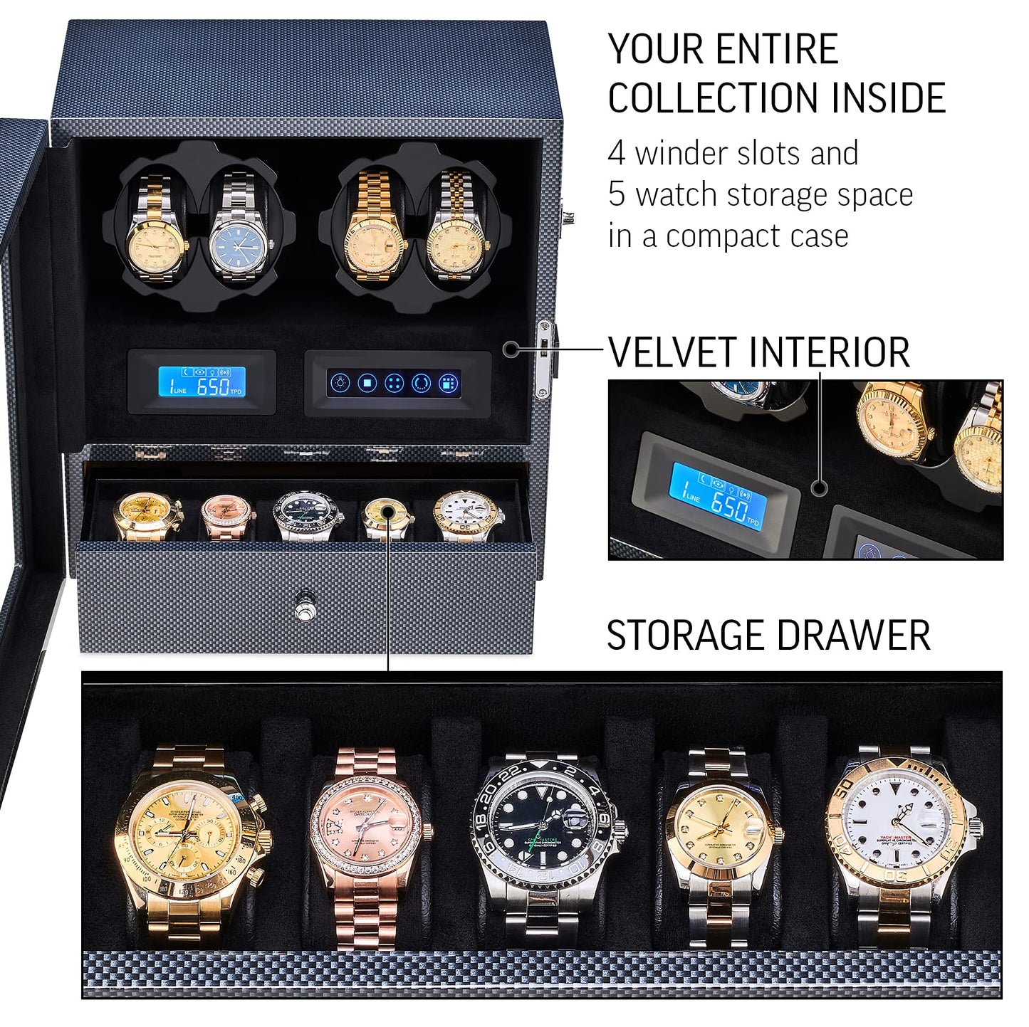 4 Watch Winder with 5 Watch Storage Space, LCD Display, Touch Control and Interior Light (Carbon + Black Velvet)
