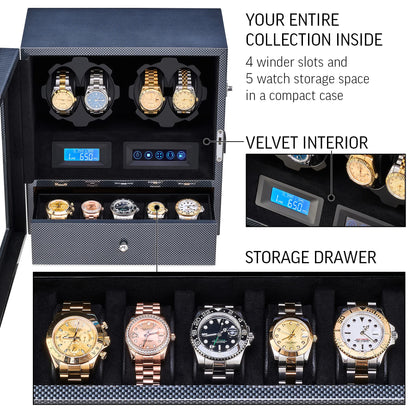 4 Watch Winder with 5 Watch Storage Space, LCD Display, Touch Control and Interior Light (Carbon + Black Velvet)