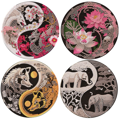 DIY Diamond Painting Placemats, Round Yin Yang Table Mats, 5.9 Inch, 4 Pack, Home Decor Craft Kit with Pen, Tray, and Clay Glue
