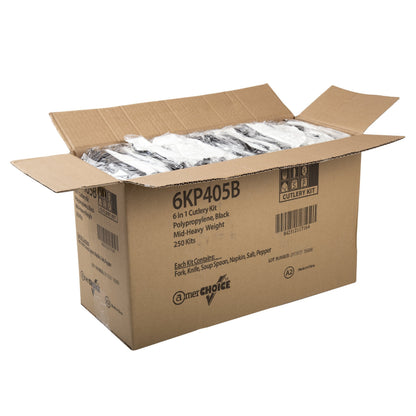 AmerCareRoyal 6-in-1 Disposable Silverware Medium Heavy Weight Plastic Utensil Set with Teaspoon, Fork, Knife, Salt & Pepper, 12x13 Napkin - Individually Wrapped Cutlery Meal Kit, Black, Case of 250
