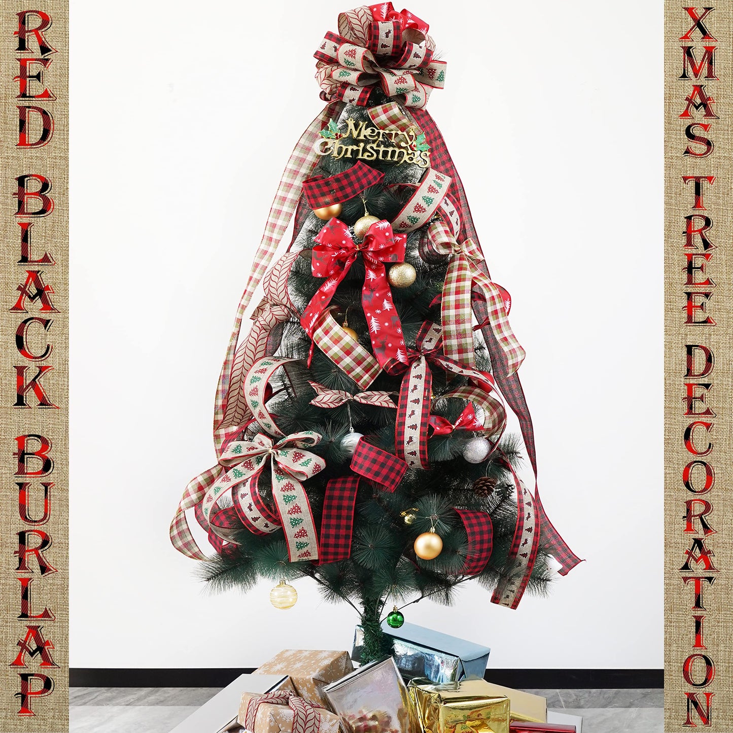 MEEDEE Burlap Wired Ribbon 2.5 Inch 6 Rolls 36 Yards Buffalo Plaid Ribbon for Wreaths, Tree Decorations, Ribbon Garland