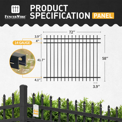 Fencer Wire 76FT Heavy Duty Pinnacle Fence Barrier Kit, Anti-Rust Metal Steel Fence with 5FT Height X 6FT Width Panels, with Flat Top Gate, Posts, Connectors, Outdoor Fencing for Yard