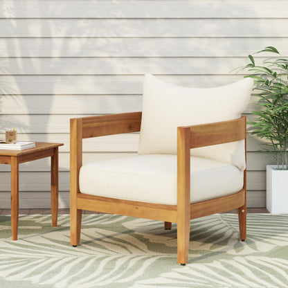 Christopher Knight Home Nadine Outdoor Accent Chair, Acacia Wood Club Chair, Tub Shape Design Armchair, Comfort Cushions Seating, Slat Open Back Reading Sofa for Balcony Backyard Garden, Teak+Beige