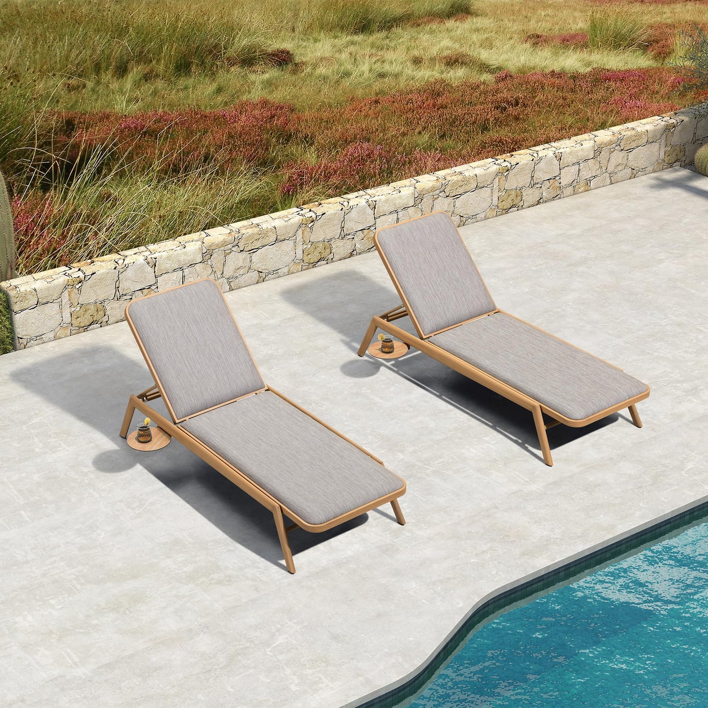 PURPLE LEAF Chaise Lounge Outdoor Chairs with Cushion Aluminum Pool Side Sun Lounges Adjustable Reclining Patio Set Pack of 2 Teak