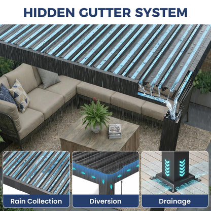 10' x 12' Louvered Pergola, Outdoor Pergola with Metal Adjustable Louvered Roof & Gutter System, Hardtop Patio Gazebo for Backyard, Patio, Garden, Dark Gray