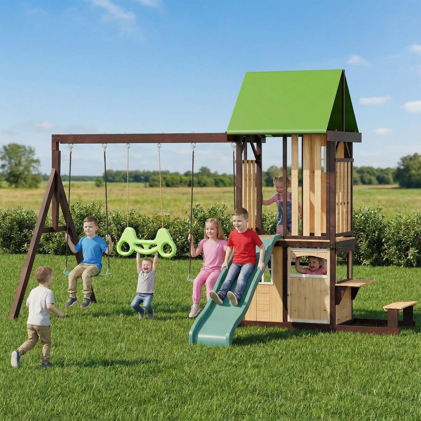 HOMMOW Wooden Swing Set with Wave Slide, Clubhouse, Playhouse, Snack Bar Window, Picnic Table and Chair, 2 Belt Swings, Trapeze, Full Front Door, Windows, Step Ladder, for Backyard