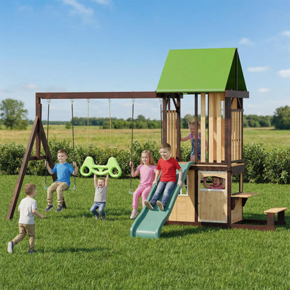 HOMMOW Wooden Swing Set with Wave Slide, Clubhouse, Playhouse, Snack Bar Window, Picnic Table and Chair, 2 Belt Swings, Trapeze, Full Front Door, Windows, Step Ladder, for Backyard