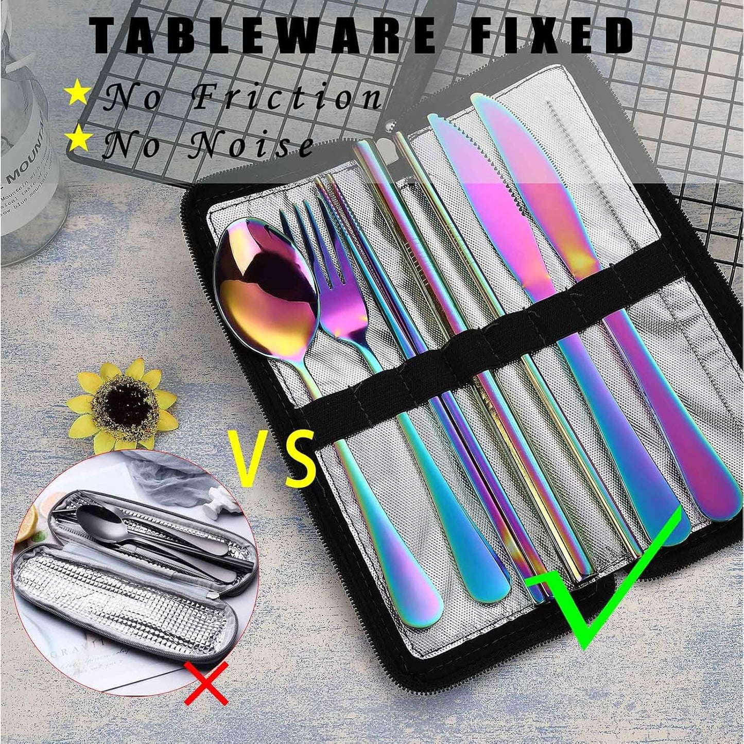 VANDBAO Portable Camping Utensils Set - Reusable Stainless Steel Cutlery with Case, Extra Steak Knife & Boba Straw