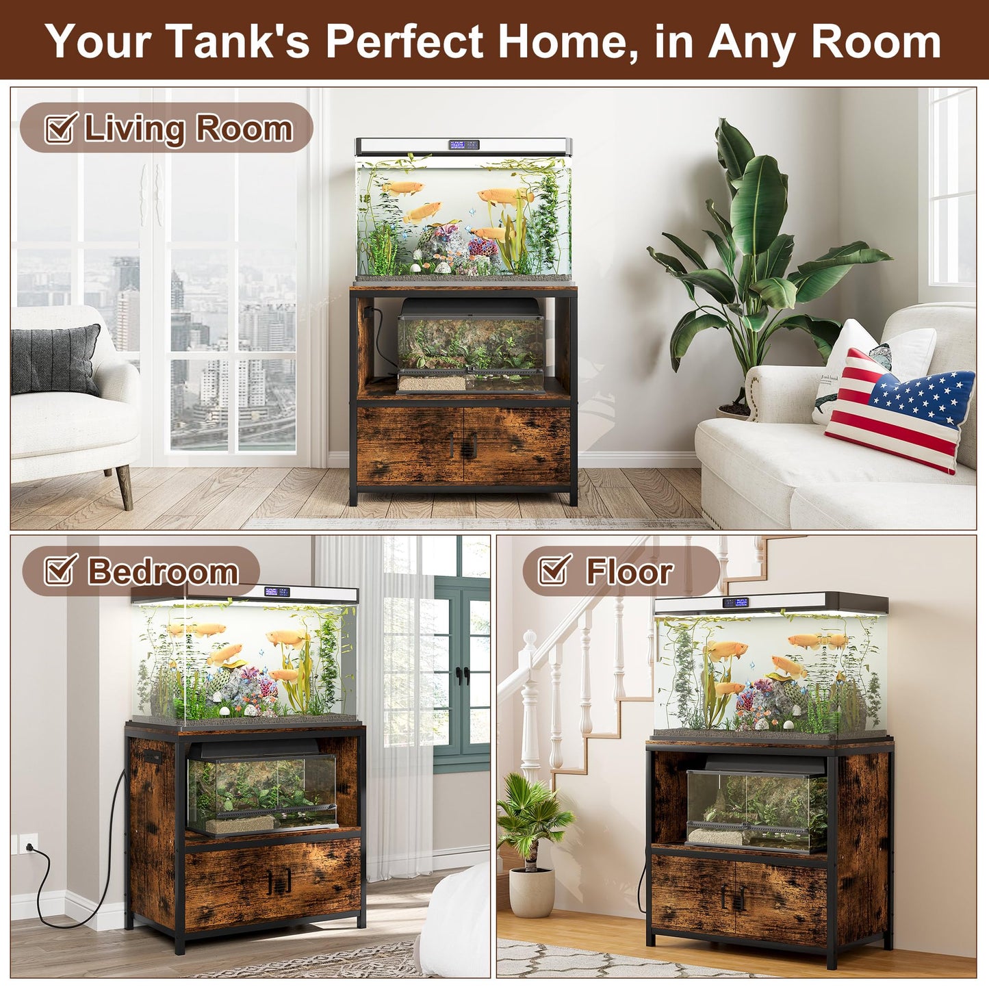 TQVAI 50-75 Gallon Fish Tank Stand with Power Outlets, Heavy Duty Aquarium Stand with Cabinet Storage Fish Tank Accessories, Large Reptile Terrarium Tank Stand, Black/Vintage