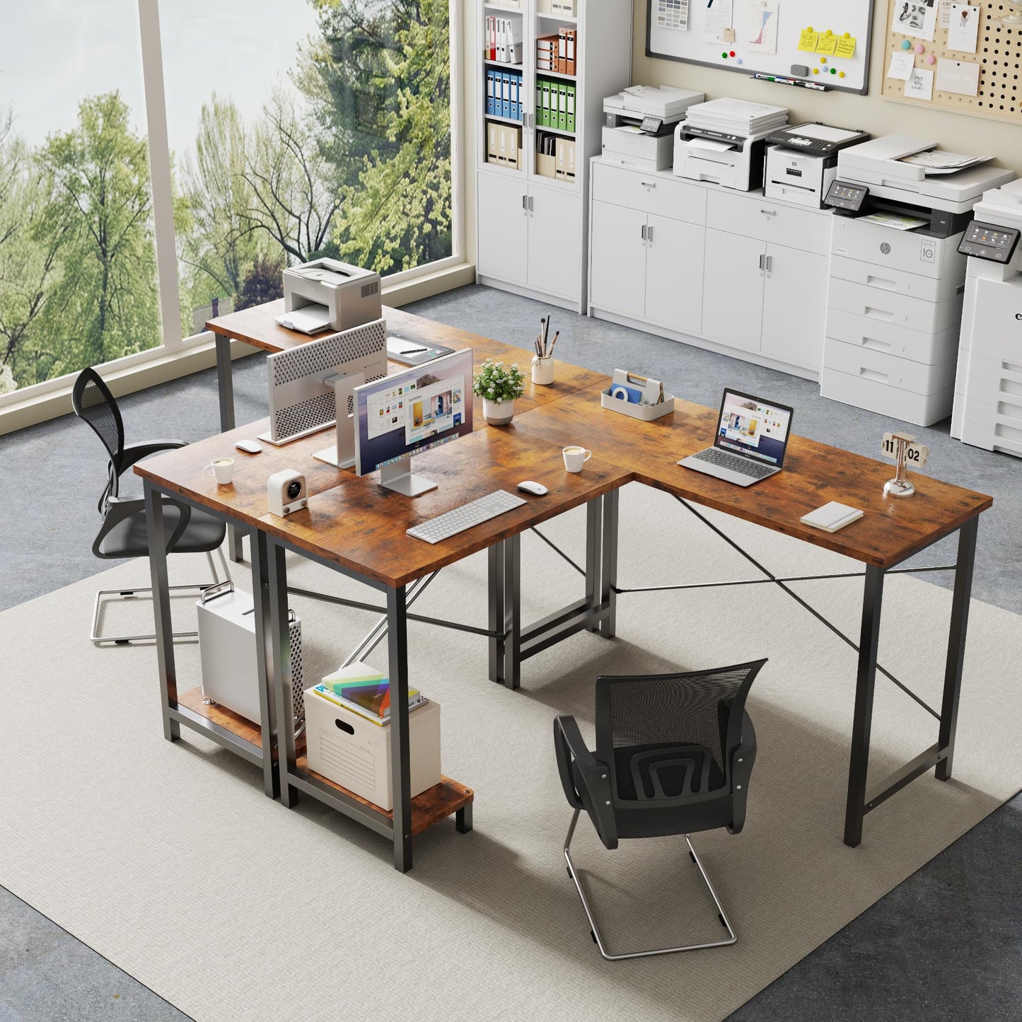 DUMOS L Shaped Desk Corner Computer Table 47 Inch, L-Shaped Gaming Desks with Storage Shelf Reversible, Wood Tables with Side Bag Adjustable Feet for 2 Monitors Small Space Home Office Bedroom, Brown