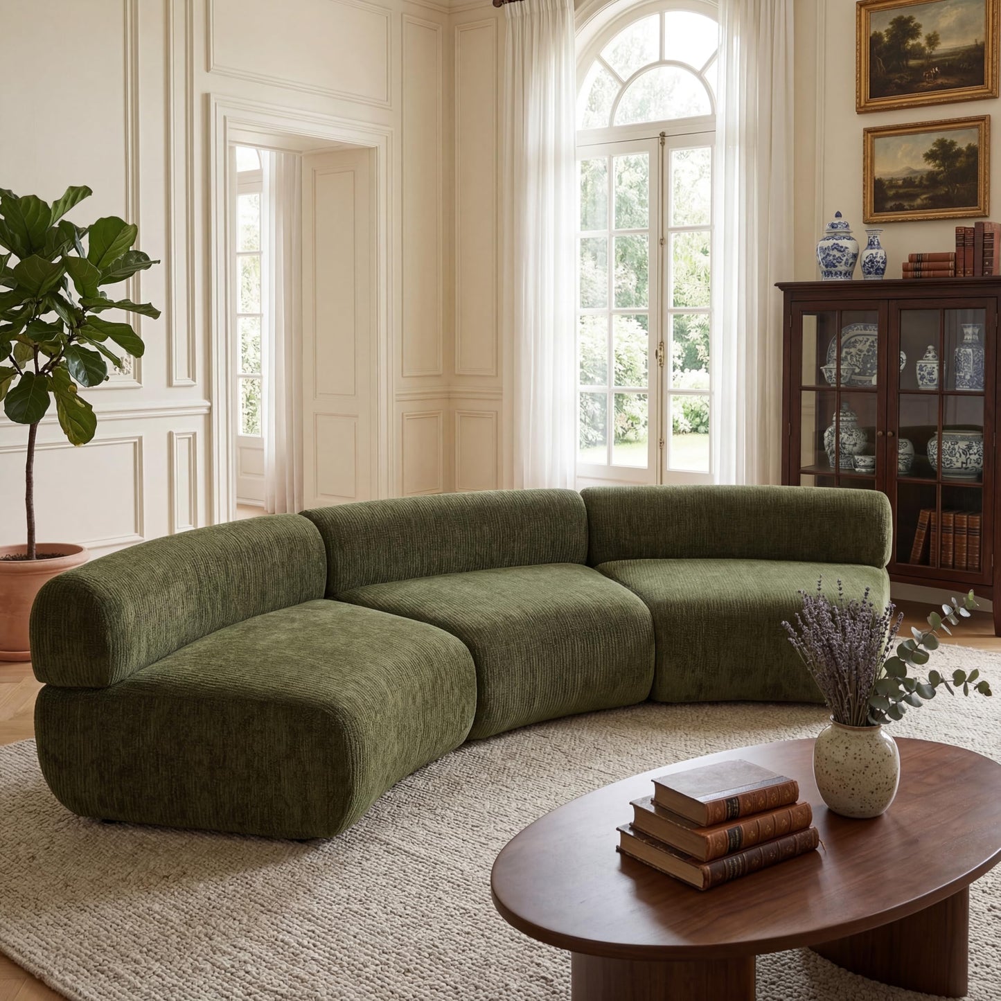 Christopher Knight Home Amino 118.5" Modular Sectional Sofa Chair, Modern Curved 3-Seater Large Sofa Couches, Comfy Upholstered Sectional Cloud Couch for Living Room, No Assembly Required, Green