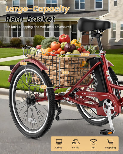 MOONCOOL Electric Tricycle for Adults, 350W 36V Removable Battery, 7 Speeds 3 Wheels Electric Trikes with Large Basket Up to 60Miles