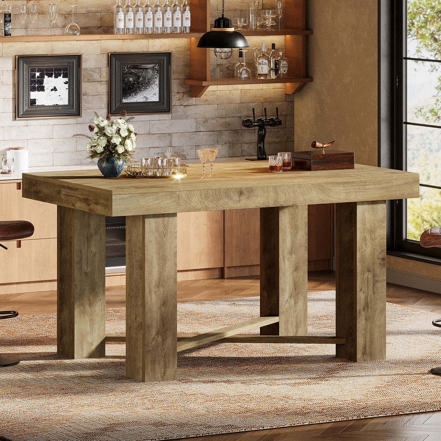 Tribesigns 55" Wooden Bar Table, Farmhouse Rectangular Counter Height Table, Modern Home Bar Furniture for Kitchen, Dining Room, Living Room, Pub, Bistro, Basement, Natural Wood
