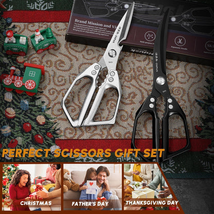 HUUSK Kitchen Scissors Set - Stainless Steel Kitchen Shear, Sharp Meat Scissors Dishwasher Safe, Heavy Duty Poultry Shears, Japanese Cooking Scissor for Food, Chicken Bones, Christmas Gift for Men