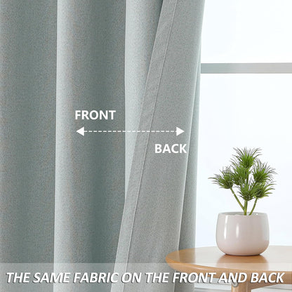 THOOO 100% Blackout Curtains - Natural Linen Textured Grommet Panels | 95-Inch Sage Green for Bedroom & Nursery