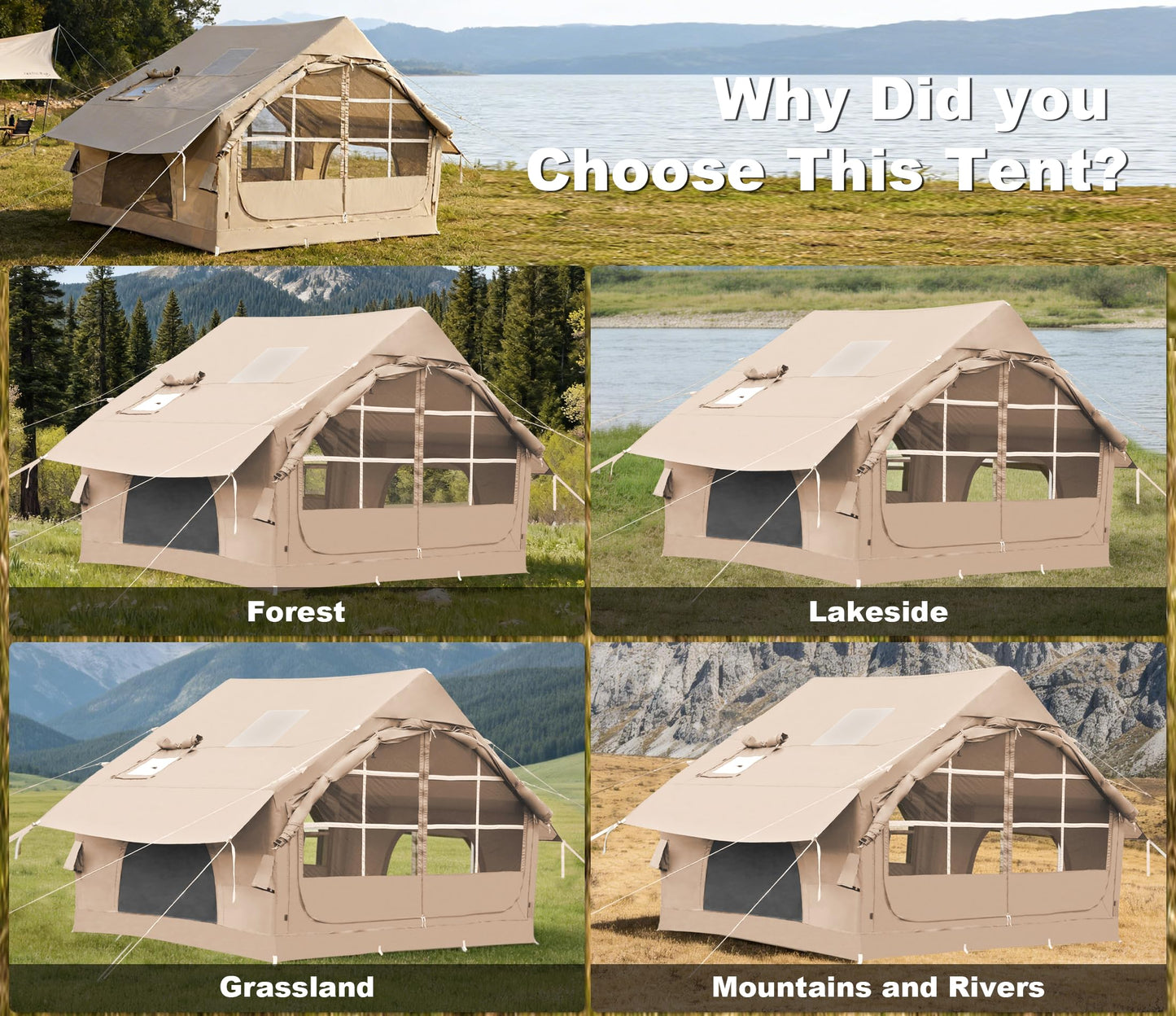 Inflatable Tents for Camping with Stove Jack,4-6 Person Easy Setup Blow Up Tents for 4 Seasons Waterproof Inflatable Camping Tent with Clear Skylight, Air House Glamping Tents for Adult