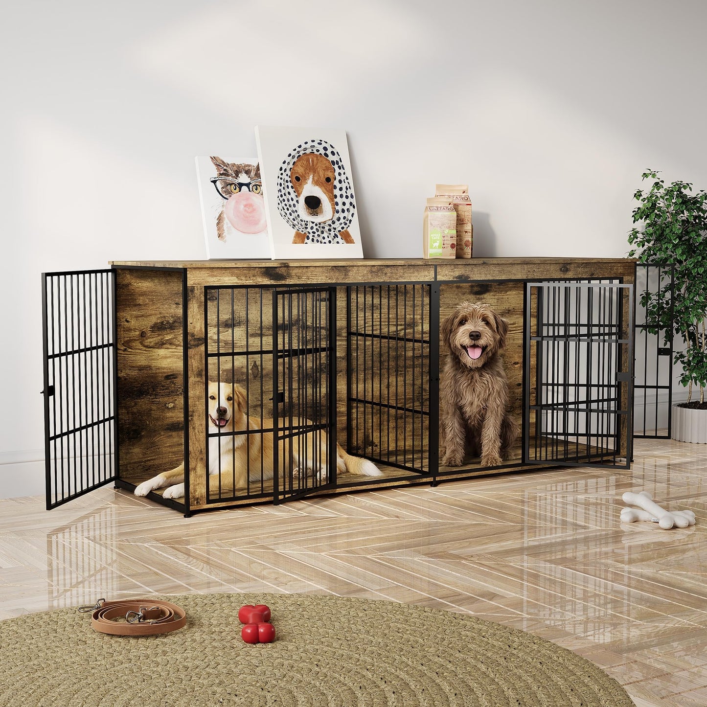 94.5" Dog Crate Furniture, Dog Kennel Furniture with Divider, Lockable, Wooden Crate TV Stand End Table for Large Medium Dogs, Rustic