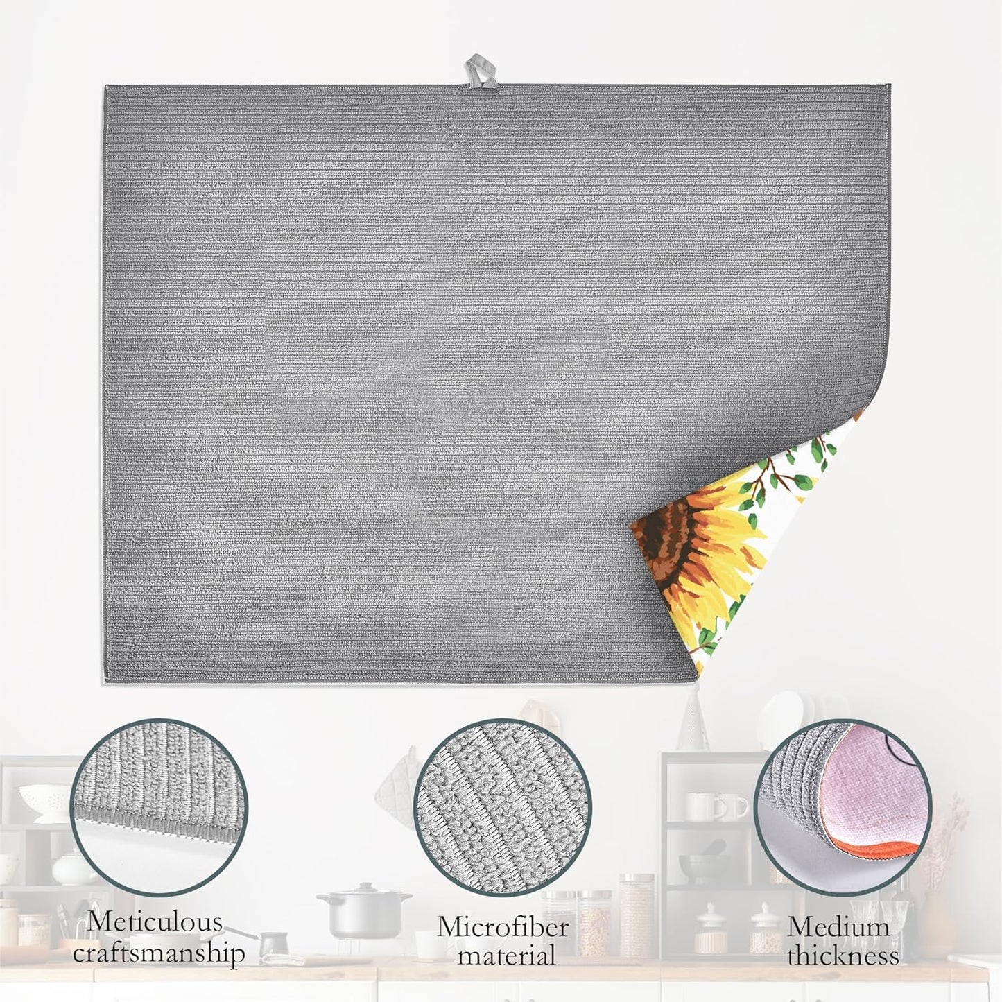 Summer Sunflowers Dish Drying Mats, 18x24 Inch Ultra Absorbent Microfiber Dishware Pad for Kitchen Counter Decor