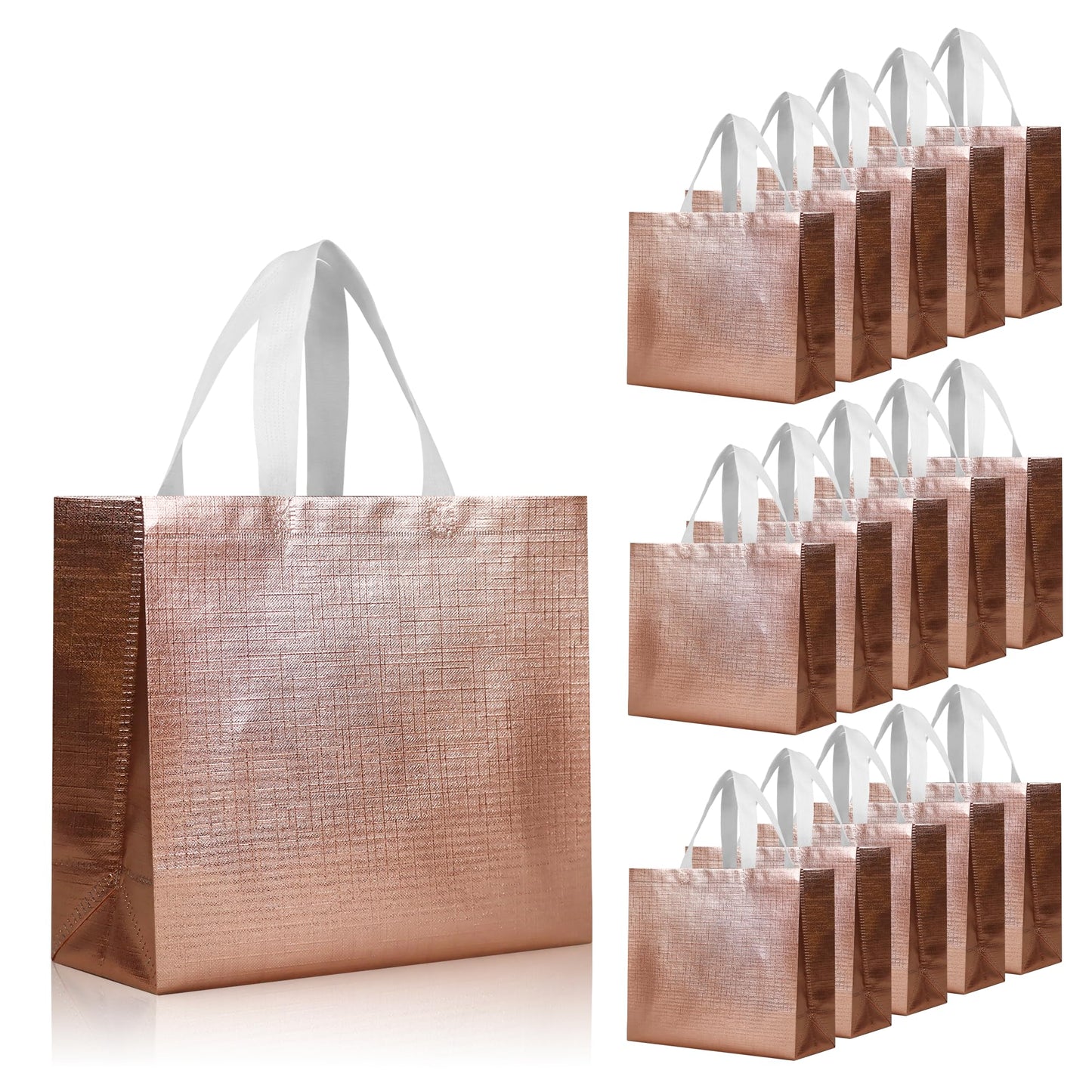 cabzymx 16 Pcs Rose Gold Reusable Gift Bags with Bases, 12.6x4.7x11 In Wedding Welcome Bags Bulk, Non-woven Holiday Party Bag for Birthday, Wedding, Parties, Halloween, Christmas