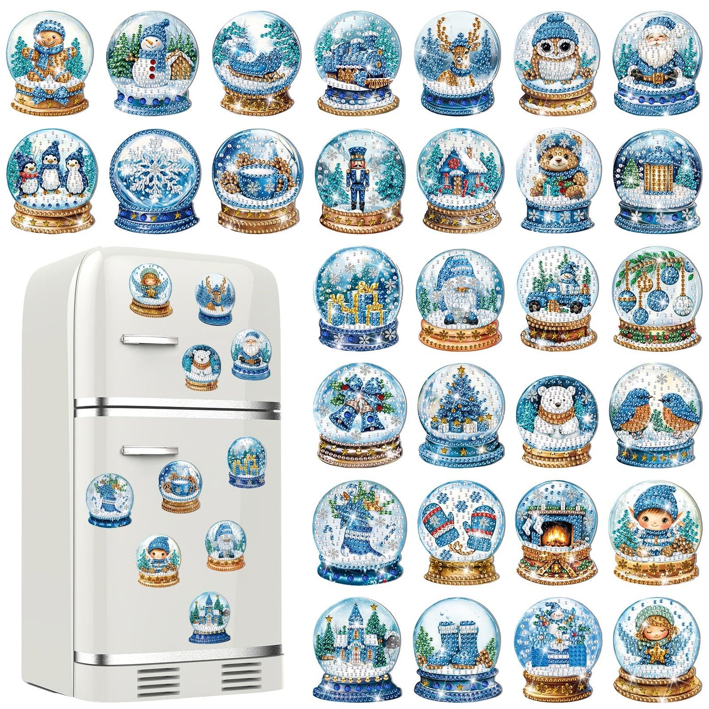 30 Pcs Christmas Diamond Art Kits Magnetic Winter Diamond Painting Magnets Kits Blue Crystal Ball 5d DIY Art Fridge Magnet Refrigerator Sticker for Adult Beginners Home Car Garage Xmas Gift