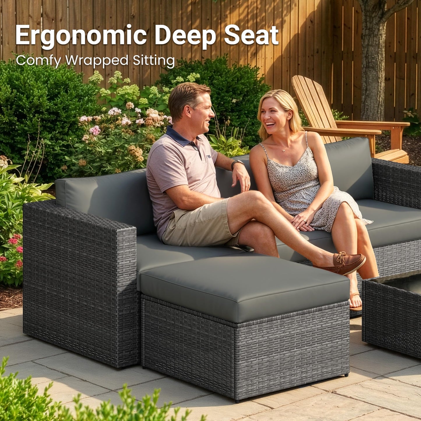 Wisteria Lane 5-Pieces Outdoor Patio Furniture Set, All Weather Wicker Rattan Sectional Sofa, Patio Conversation Set with Cushions & Glass Coffee Table for Backyard Porch Garden Balcony, Grey