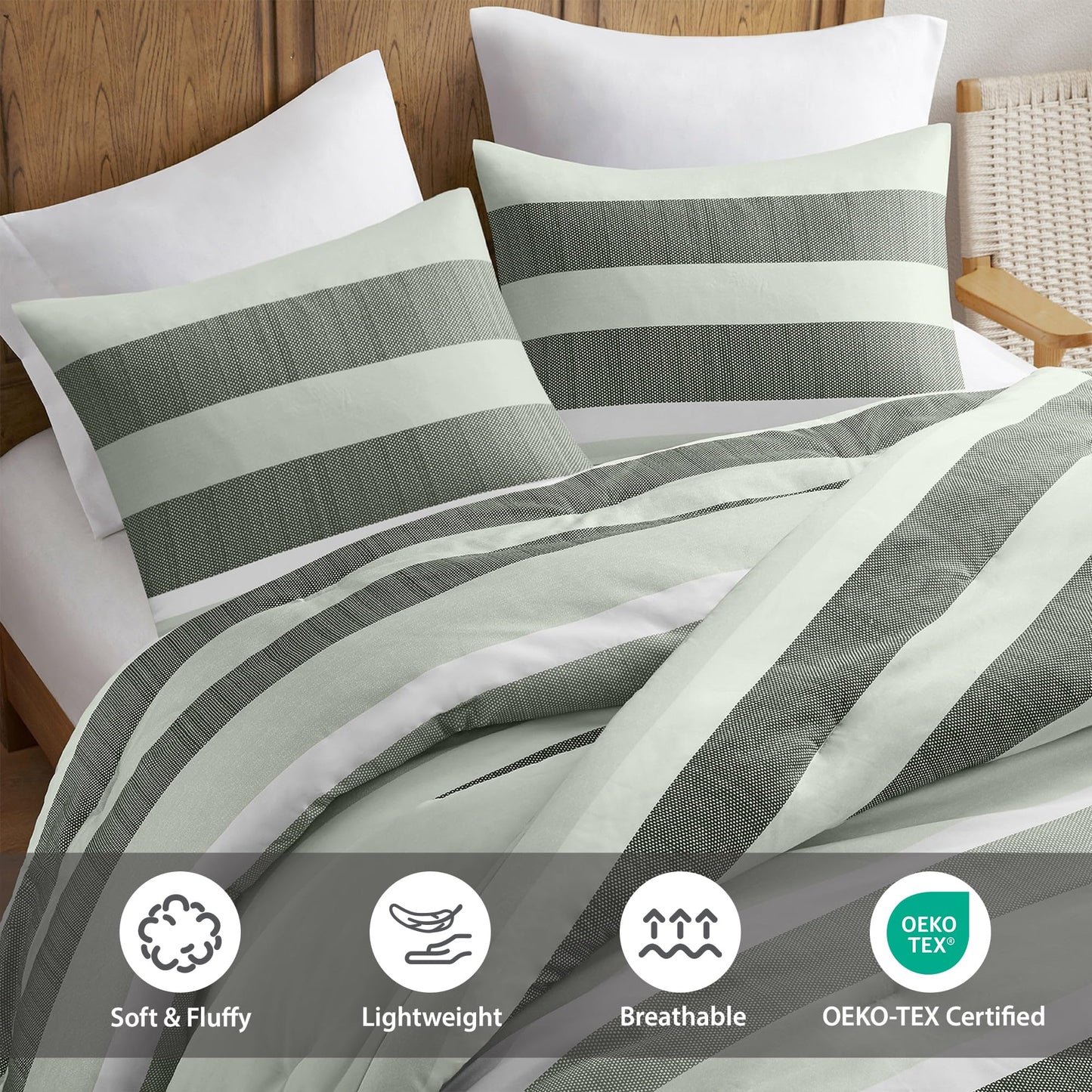 Regency Heights Full/Queen Size Comforter Set Sage Green - 3 Pieces Modern Striped Quilt Bedding for Dorm All Season Soft Lightweight Reversible Bed Set with Comforter & Shams