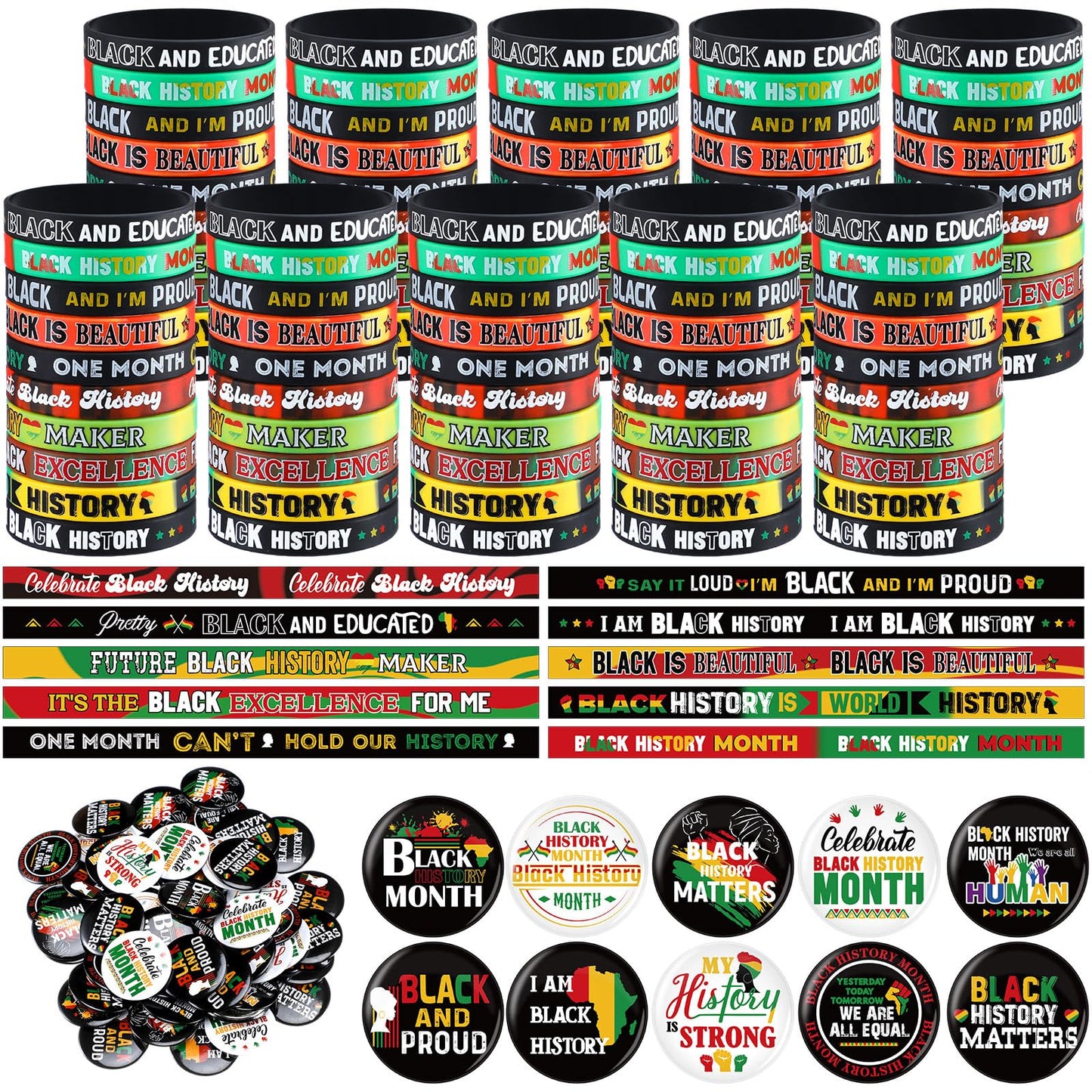 Remuuly 200 Pcs Black History Month Accessories Set Include 100 Silicone Bracelet 100 Inspirational Pin for African Afro American Festival Black American Celebration Accessories