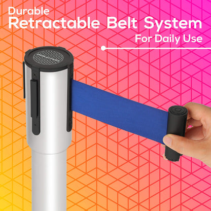 DuraSteel Crowd Control Barriers Line Dividers - Silver Stanchion Stainless Steel Posts with 6.5ft Blue Retractable Belt Ropes - for Store Queues, Airport Lines, Event Entries - 2 Set/Pack