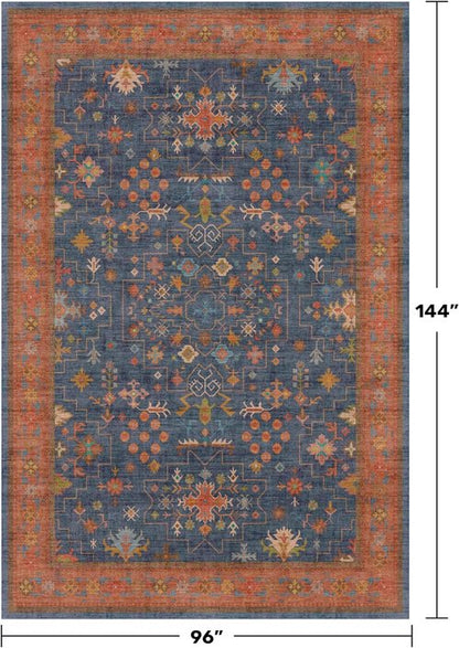 Large Area Rug by Navy Blue | Geometric Floral Design - Washable Low Pile Soft Carpet for Living Room & Dining Room