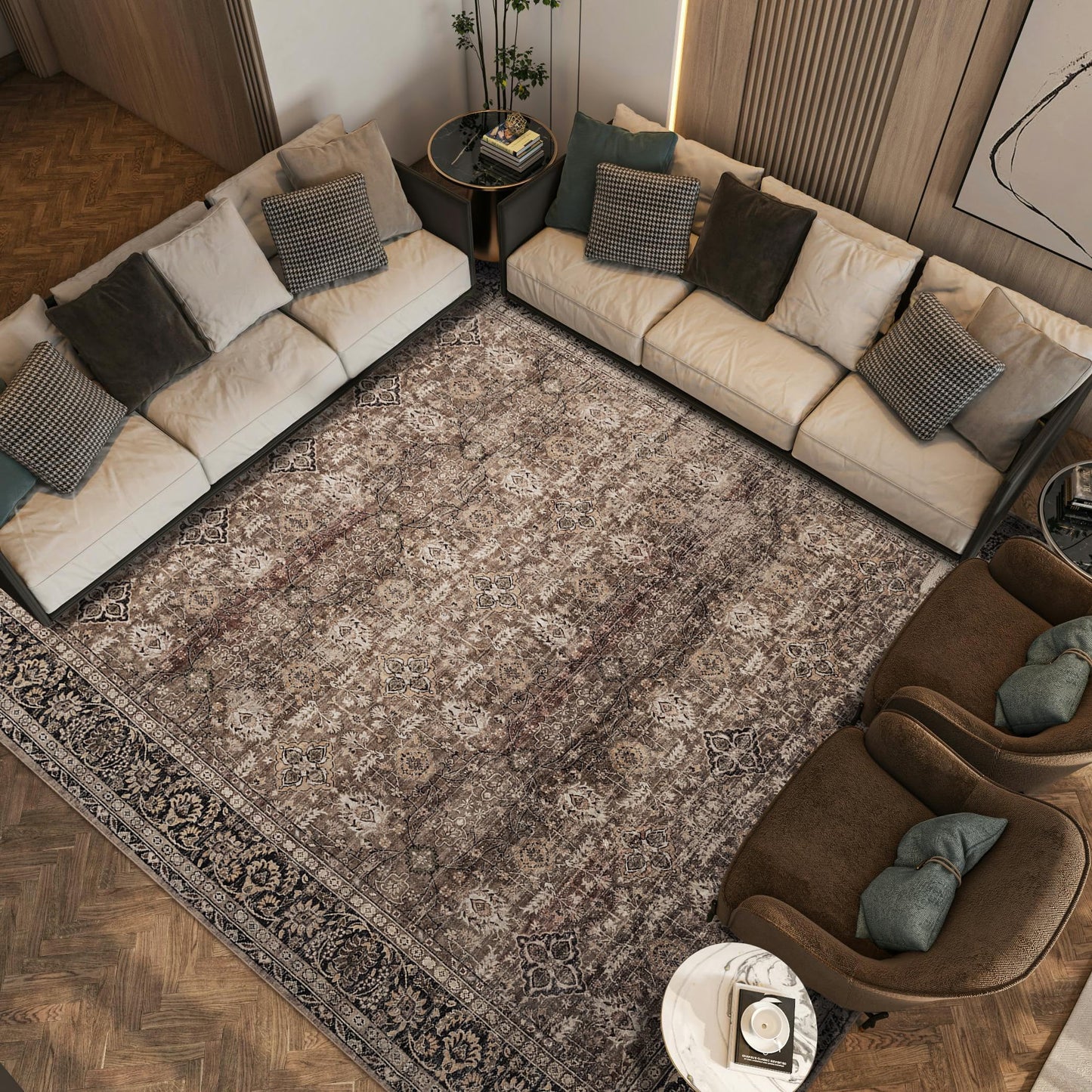 ARTWEAVER 10x14 Extra Large Area Rug for Living Room, Dining Room, Bedroom Home Office-Washable Non-Slip Vintage Floral Soft Non-Shedding Distressed Faux Wool Large Area Rugs (Brown, 10'x14')