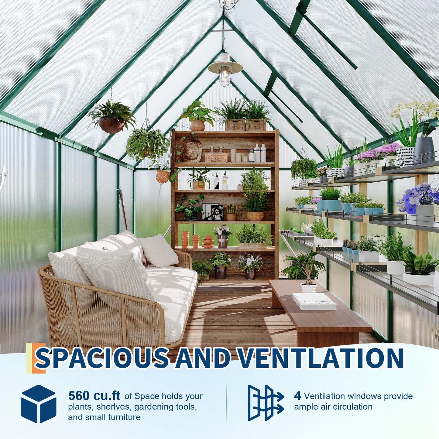 Polycarbonate Greenhouse for Outdoors, Large Walk-InGreenhouse with Quick Setup Structure and Roof Vent, Greenhouse with Ventilation