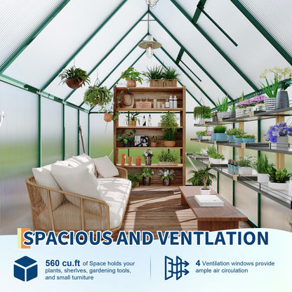 Polycarbonate Greenhouse for Outdoors, Large Walk-InGreenhouse with Quick Setup Structure and Roof Vent, Greenhouse with Ventilation