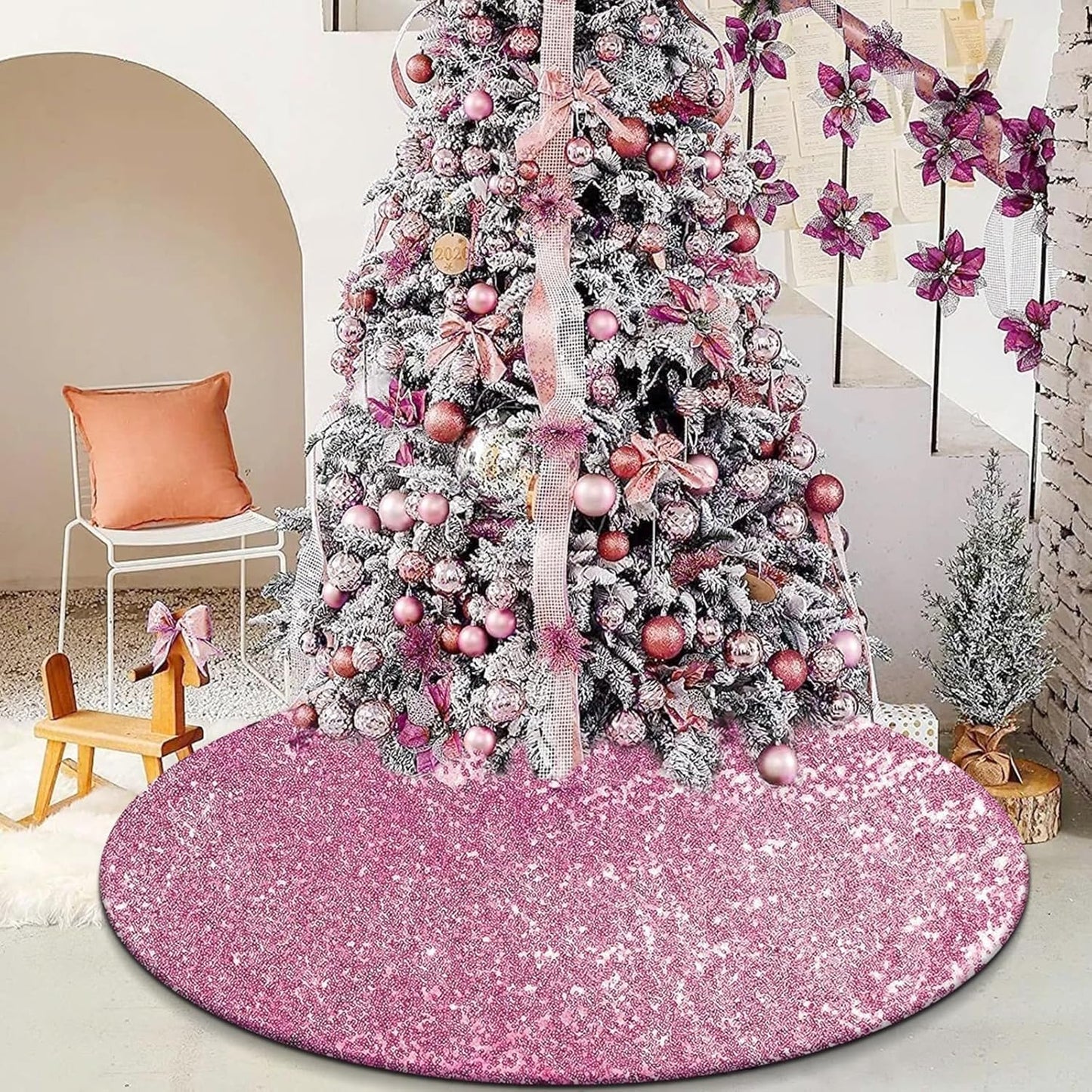 Pink Christmas Tree Skirt, 48 inch Large Sequin Xmas Tree Mat, Double Layers Glitter Decorations for 7.5 Ft Tree