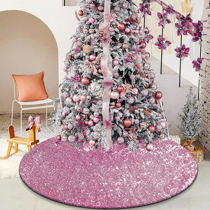 Pink Christmas Tree Skirt, 48 inch Large Sequin Xmas Tree Mat, Double Layers Glitter Decorations for 7.5 Ft Tree
