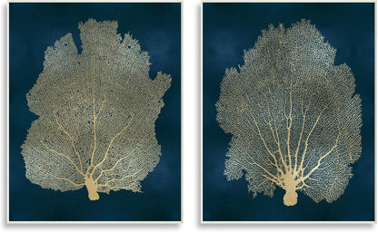 Stupell Industries Modern Sea Fan Composition Wall Plaque, Blue Gold Ocean Plant Decor, Green