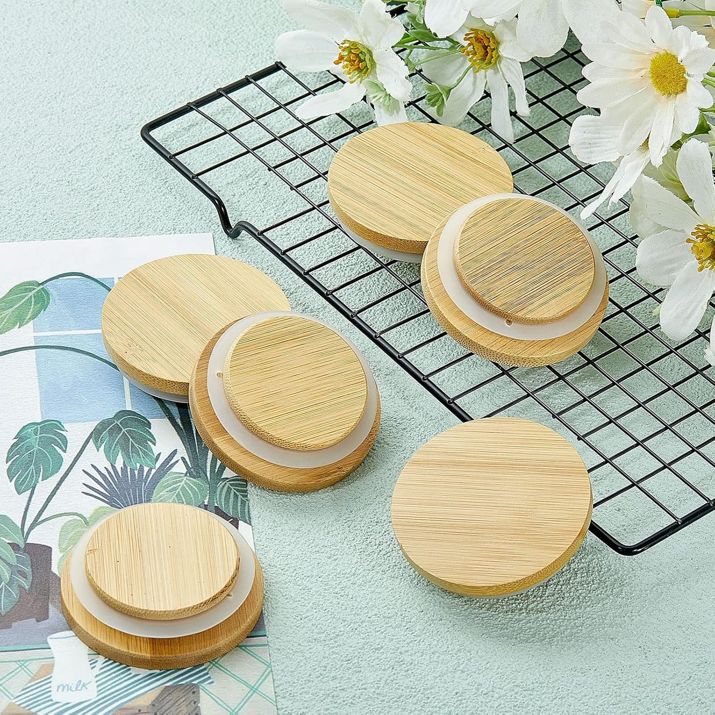 12 Pack Set Sawysine Yogurt Jar Lids Compatible with Oui Yogurt Jars Reusable Bamboo Wooden Round Canning Lids