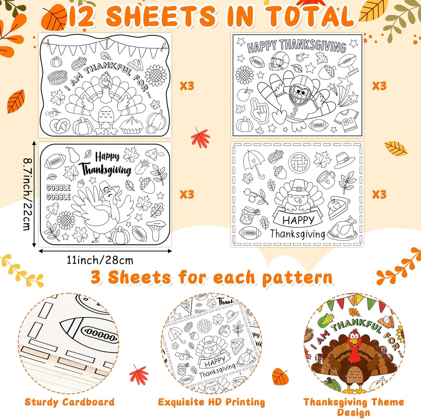 12Pcs R HORSE Thanksgiving Coloring Placemats - Disposable Paper Coloring Table Mats, Fun Turkey Dinner Place Mats