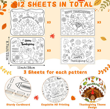 12Pcs R HORSE Thanksgiving Coloring Placemats - Disposable Paper Coloring Table Mats, Fun Turkey Dinner Place Mats